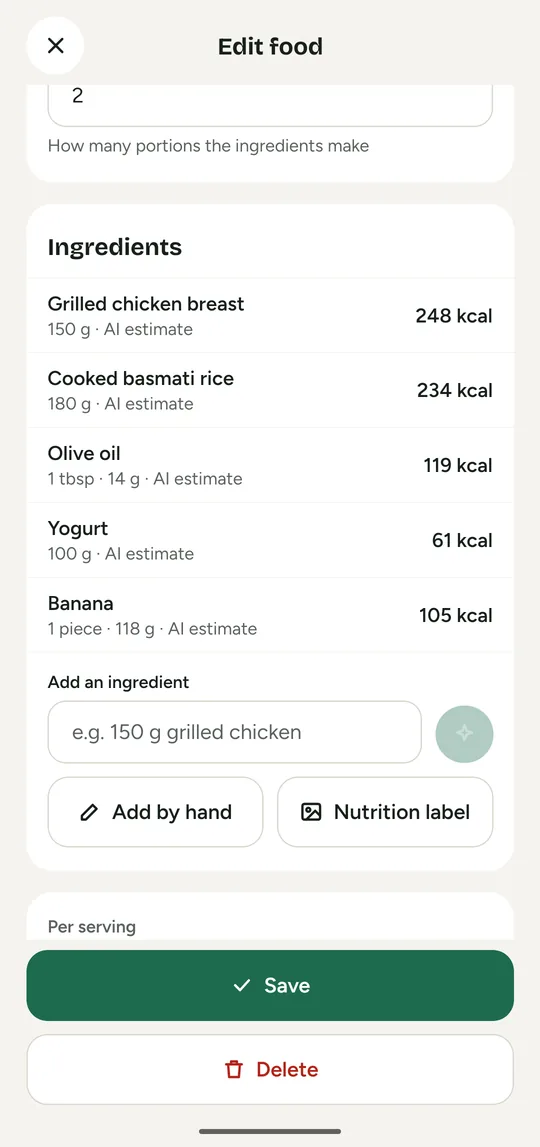 The food builder showing ingredients and calories per serving