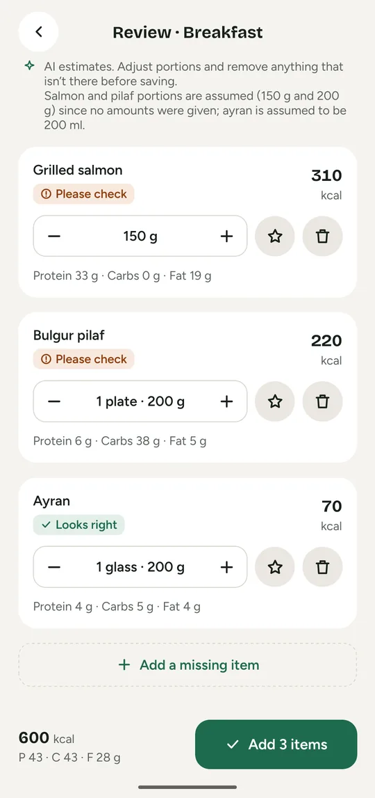 An AI review of a meal with portion steppers and confidence badges