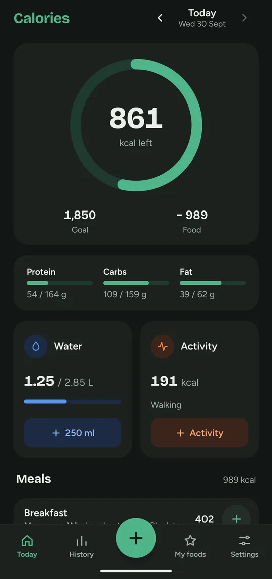 The Today screen in dark mode